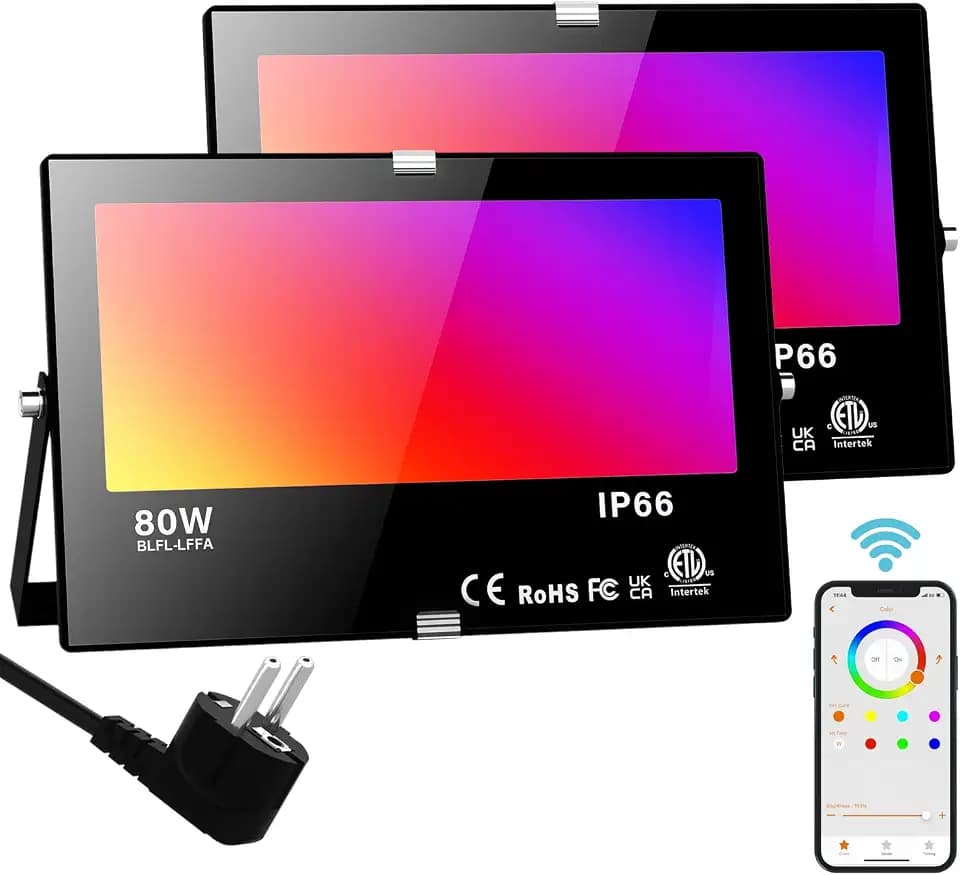RGB LED Strahler Außen 80W Bluetooth APP Steuerung Fluter Beleuchtung Outdoor, 2700K&Million Farben Dimmbar Smart Flutlichtstrahler IP66 Wasserdicht Außenstrahler Flutlicht Garten Stimmungslichter 2