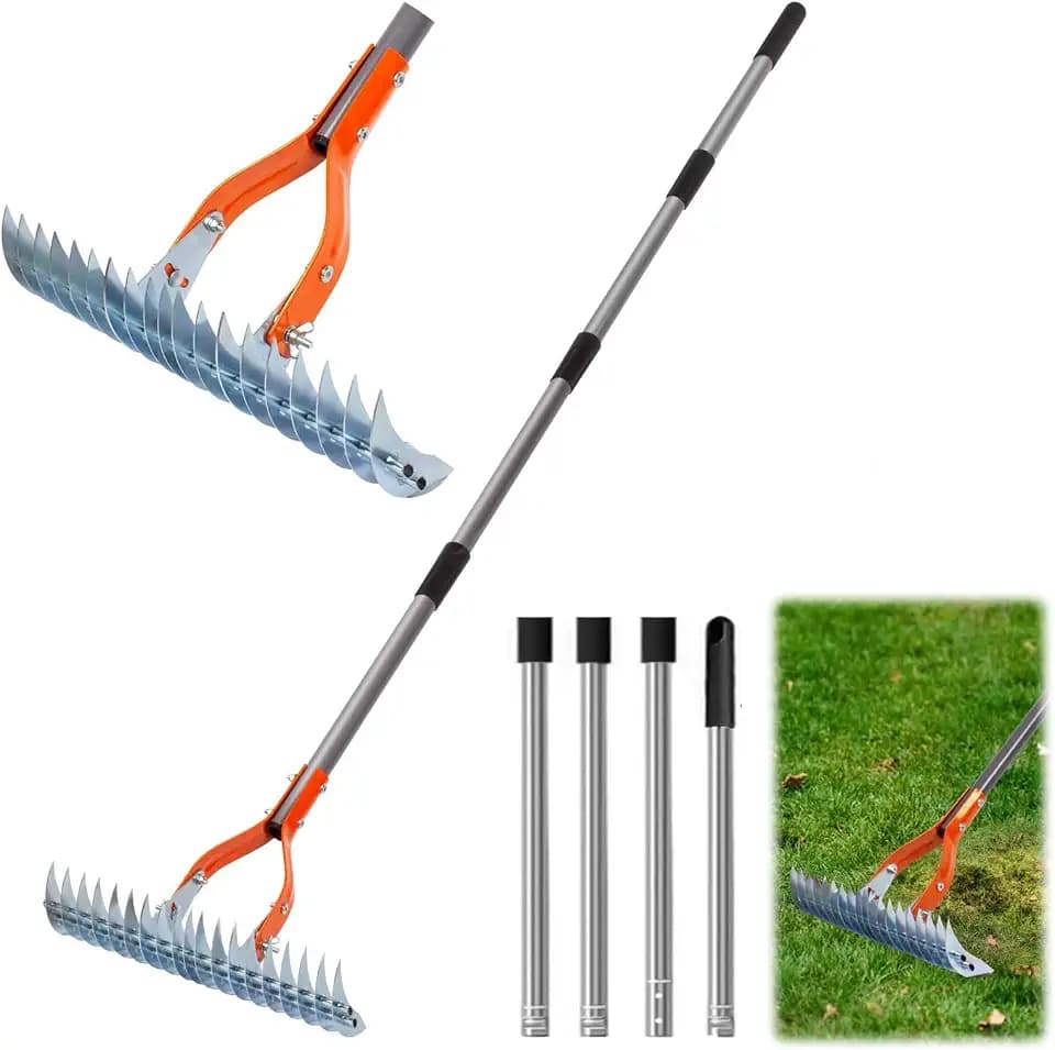 MeYuxg Vertikutierrechen, Metall Vertikutierer Rechen mit Stiel 170CM, Verstellbarer Handvertikutierer Rasenlüfter, Vertikutierharke zum Reinigen von Totem Gras für Garten, Hof, Rasen