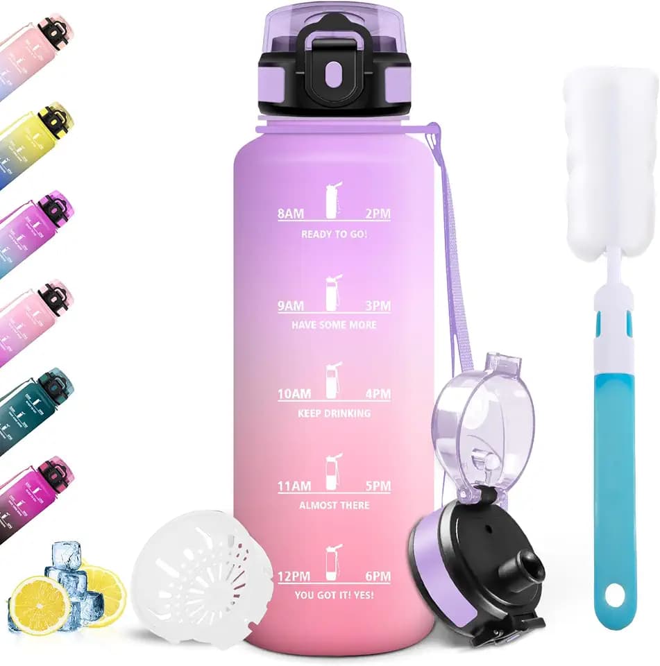 Trinkflasche 1.5 Liter, Auslaufsicher, mit Zeitmarkierung & Strohhalm, Wasserflasche, Trinkflasche Kohlensäure Geeignet für Fahrrad, Fitness, Yoga, Gym, Sport