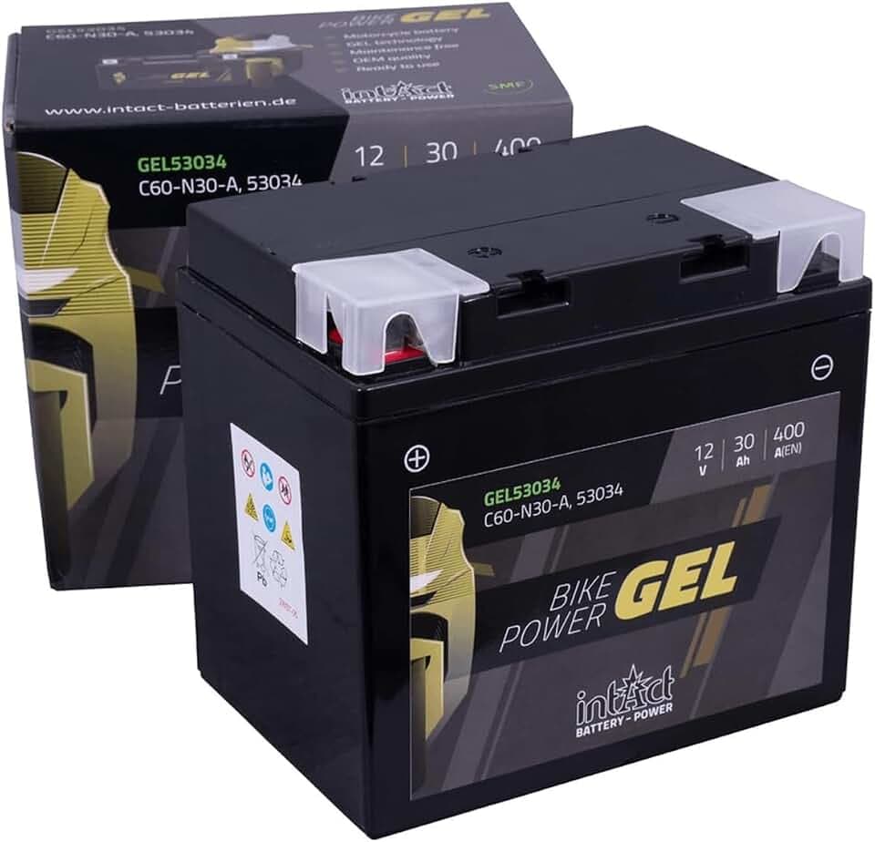 intAct - GEL MOTORRADBATTERIE | Batterie mit +30% Startleistung. Für Roller, Motorrad, Rasentraktor | Bike-Power GEL53034. Ersetzt C60-N30-A, 12V Batterie, 30 AH, 400 A | Maße: 178x124x166mm