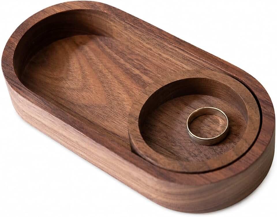 Black Walnut Oval Tray with Removable Round Dish – Solid Wood Jewelry Organizer, Ring Holder, Desk Valet, Minimalist Catchall Tray Set