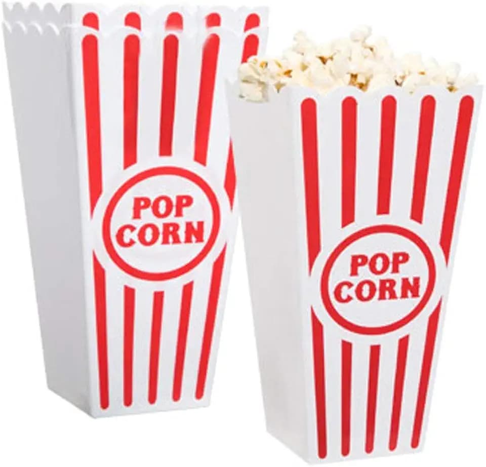 Novelty Place Plastic Red & White Striped Classic Popcorn Containers for Movie Night - 7.8" Tall x 3.8" Top x 2.3" Bottom, 41oz (4 Pack)