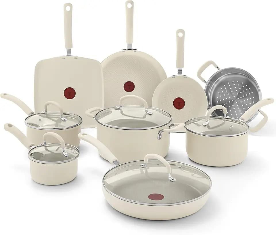 T-fal Ultimate Non-Stick, 14 Piece Pots and Pans Cookware Set, Beige