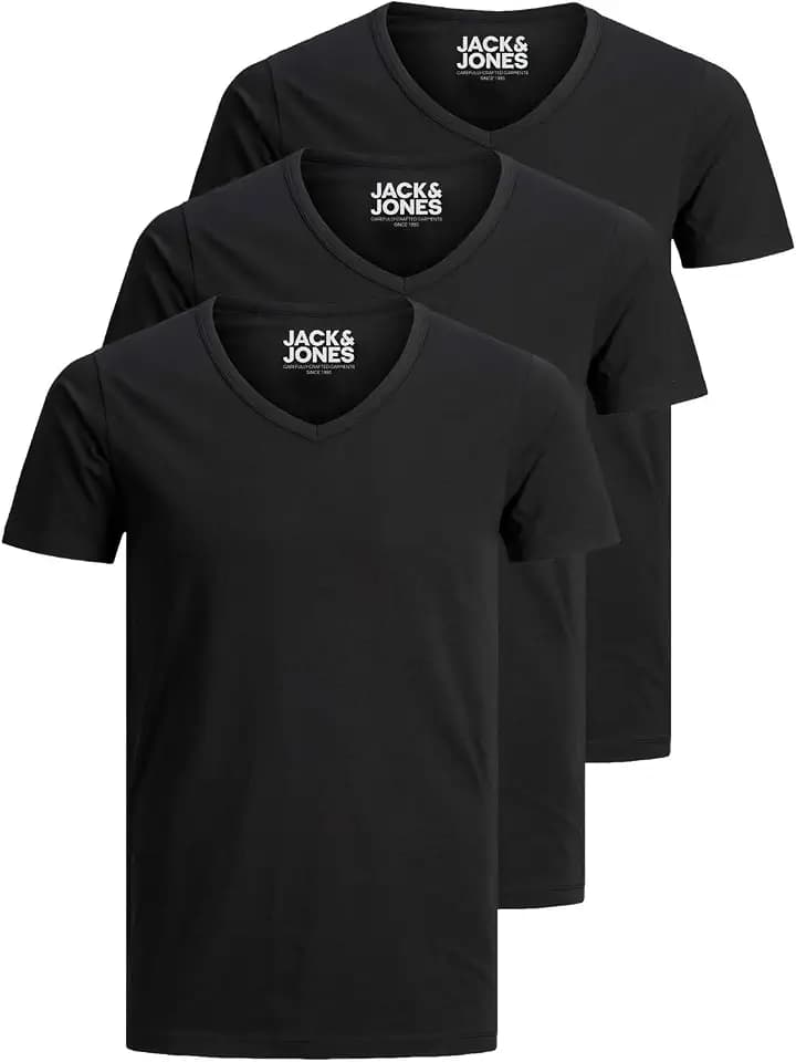 Jack and Jones Herren T-Shirt Basic V-Ausschnitt 3er Pack Einfarbig Slim Fit in Weiß Schwarz Blau Grau