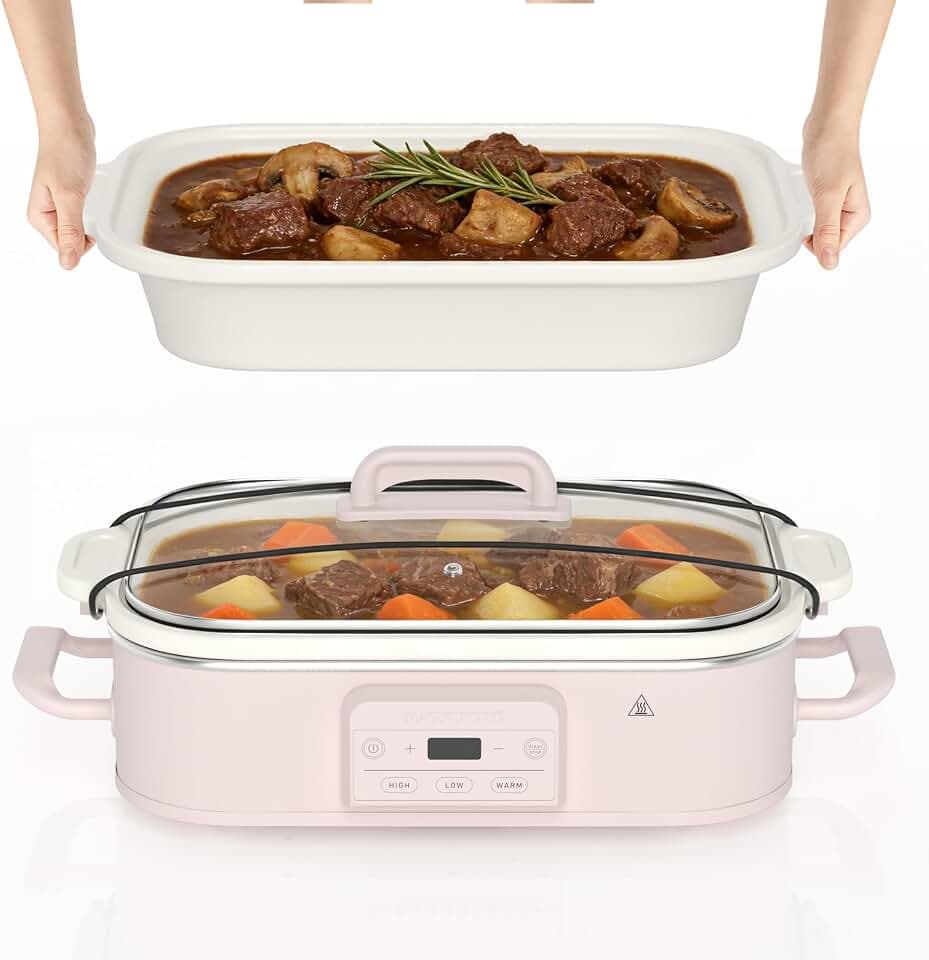 4 Quart Casserole Programmable Slow Cooker with Ceramic Baking Dish - Perfect Kitchen Small Appliance for Family Dinners, Oven Safe and Durable Bakeware for Lasagna, Roasts, Pink
