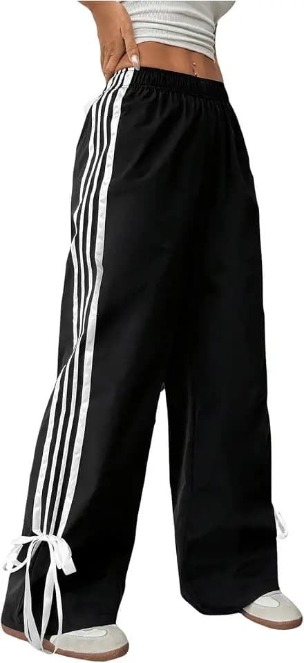 BEAUDRM Girl's Bow Track Pants Striped Sweatpants Baggy Wide Leg Parachute Pants for Joggers Hip Hop Dance
