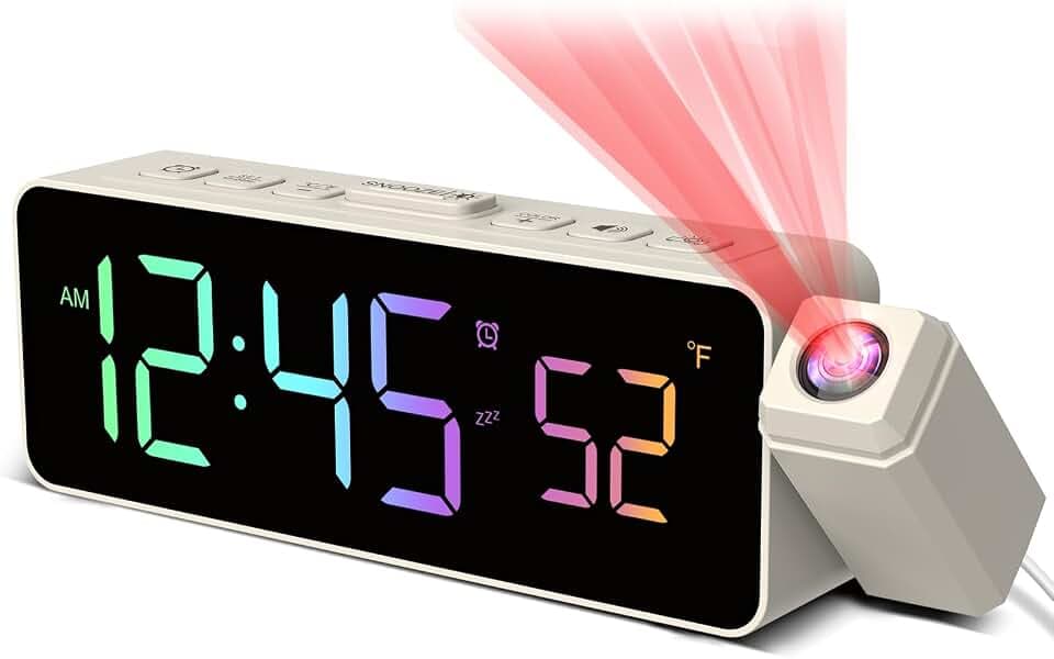Netzu Projektionswecker für Decke Wände, Digitaler Wecker mit 180° Projektor, Temperaturanzeige, LED-Anzeige, 4 Helligkeit, 3 Lautstärke, 9-Min-Schlummer, 12/24H, Wecker mit Projektion