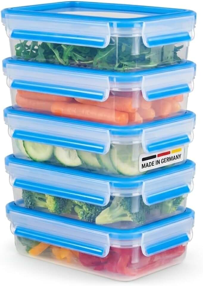 EMSA Clip & Close Frischhaltedosen-Set, rechteckig, 5 X 0,8 L, Aufbewahrungsboxen, 100 Prozent dicht, spülmaschinen-, gefrier-, mikrowellenfest, Transparent, Blau, Made in Germany, N10307