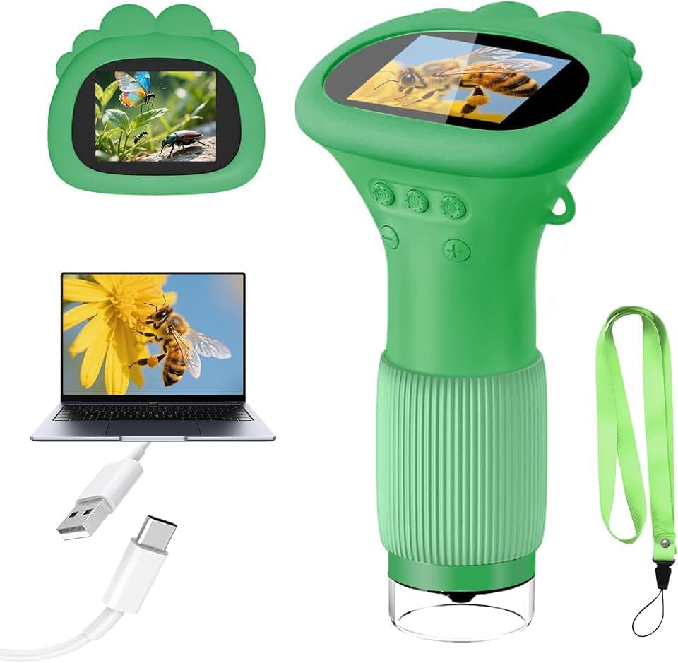 Acoath Mikroskop für Kinder, Digitales Taschenmikroskop mit 2,0" IPS-Bildschirm Lupe 200x Vergrößerung, 8 LED Lights Handy Kindermikroskop für Garten Spielzeug - Grün