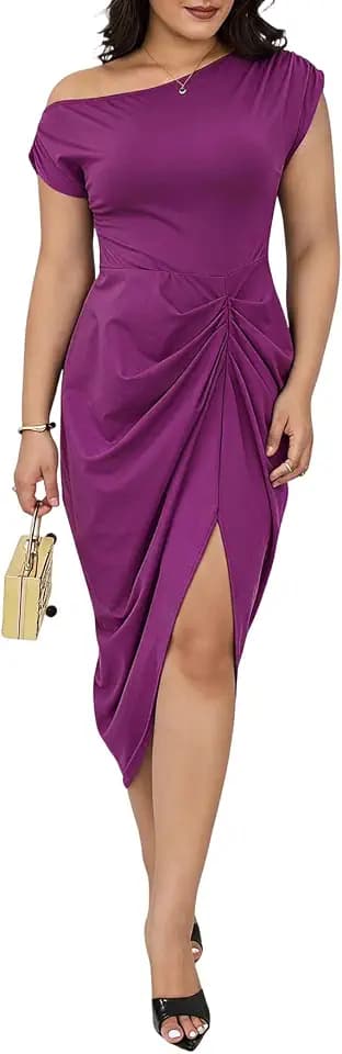 Floerns Women's Plus Size Asymmetrical Neck Ruched Slit Hem Cocktail Dress