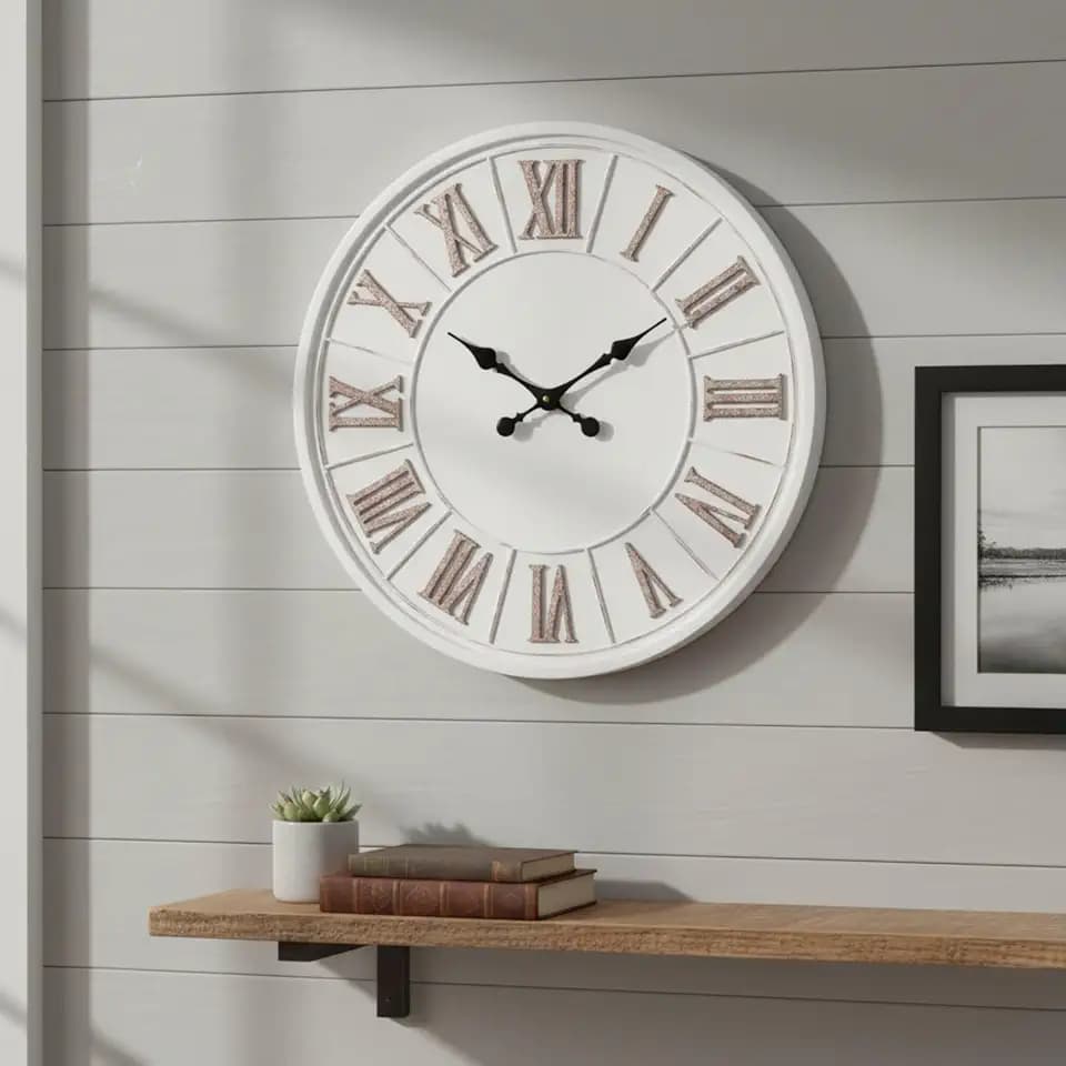 Kenning 24 Inch Farmhouse Wall Clock Large Metal Wall Clock, Rustic White