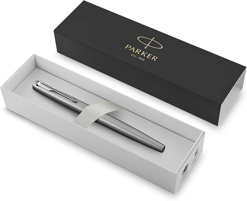 Parker Jotter Fountain Pen, Stainless Steel Body, Medium Point, Blue Ink, Includes Gift Box