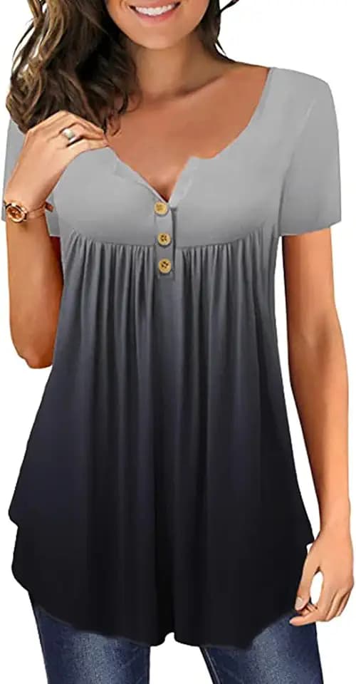 Womens Tops Hide Belly Tunic Summer Short Sleeve T Shirts Flowy Henley Tshirt Casual Dressy Blouses for Leggings