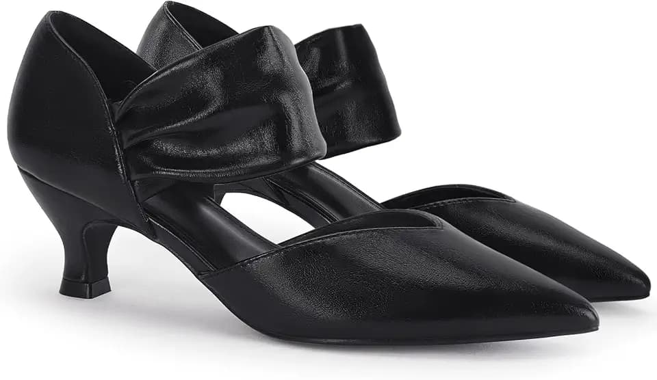 Coutgo Womens Low Kitten Heel Dress Shoes Pointed Toe Slip on Ankle Strap Cutout Elegant Party Wedding Pumps