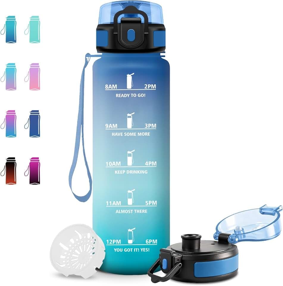 Trinkflasche 1L, BPA-frei, Wasserflasche mit Filter und Zeitmarkierung, Sportflasche für, Gym, Camping, Wandern, Fahrrad, Yoga
