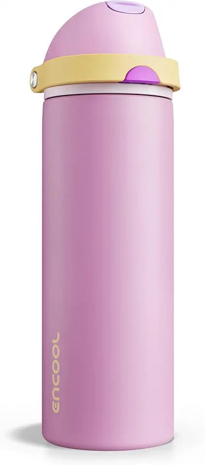 Insulated Water Bottle with Straw - Encool Stainless Steel Water Bottle with Push Button Lid, Leak-Proof & BPA-Free, Keeps Cold for 24 Hours for Sports, Travel, Gym (24 oz, Light Orchid-Fuchsia)