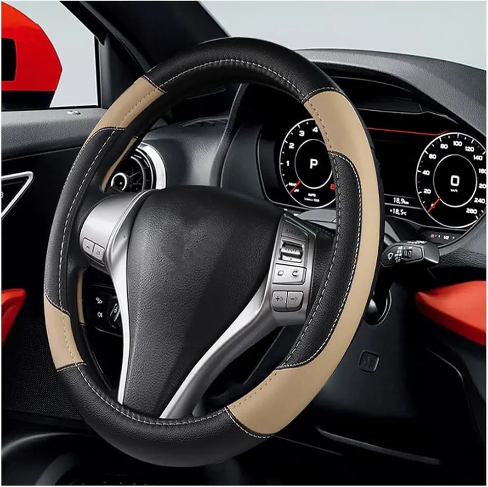 BELOMI 14.5-15 Inch Leather Steering Wheel Cover, Sport Style, Beige