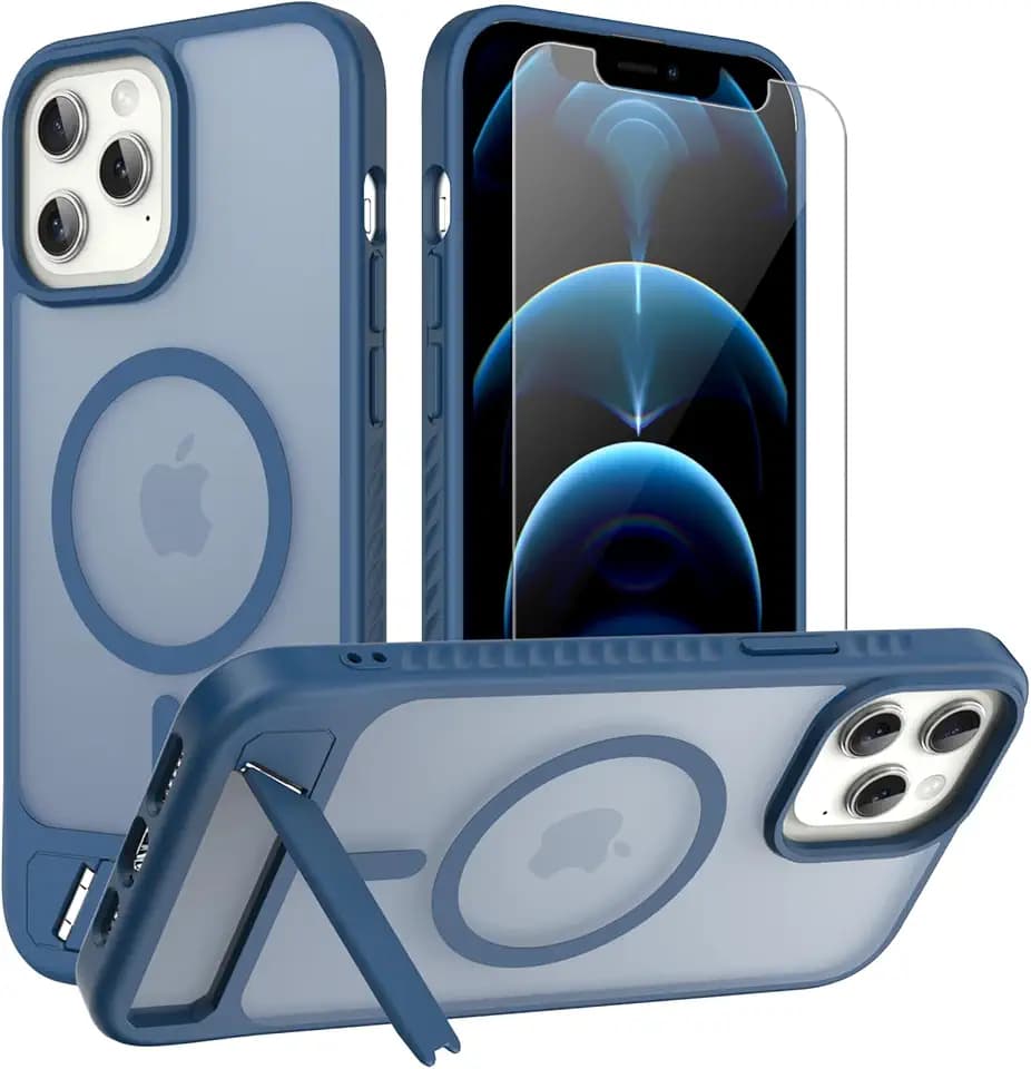 for iPhone 12 Pro Max case: [fit for Magsafe] Strong Magnetic & Invisible Stand, Military-Grade Protection with Screen Protector, Adjustable Kickstand Frosted Translucent Matte Phone Case, Navy Blue