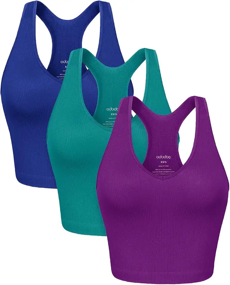 ODODOS 3-Pack Seamless Racerback Tank for Women Ribbed Knit Soft Sleeveless Tank Tops, Waist Length, Phlox+Sea Green+Lapis, Medium/Large