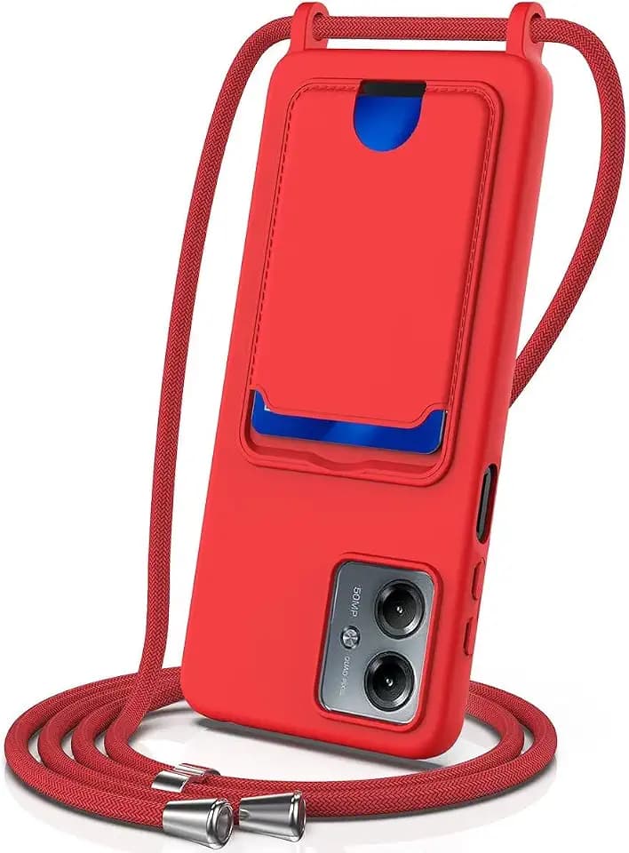 xinyunew Handykette für Motorola Moto G14 Hülle mit Band, Handyhülle mit Schnur zum Umhängen, Silikonhülle mit Band [verstellbar] [abnehmbar] Halskettenhülle mit Karteninhaber,Rot