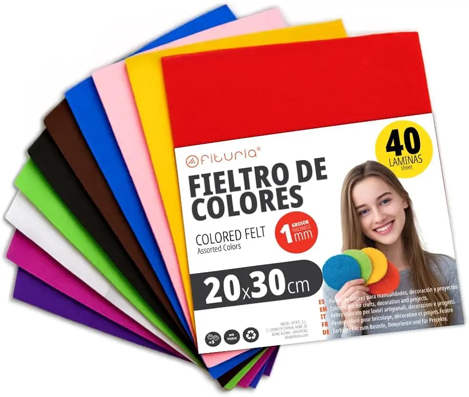 OFITURIA Bastelfilz für DIY-Projekte, Bunte Filzstoffe für Patchwork, Nähen, Schule, Kunst und Dekoration 20x30cm (Sortiment, 40 Stk)