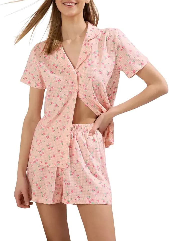 TRENDYOL Pink Floral Print 100% Cotton Gingham Pyjama Set with Shorts - Thmss25Pt00364