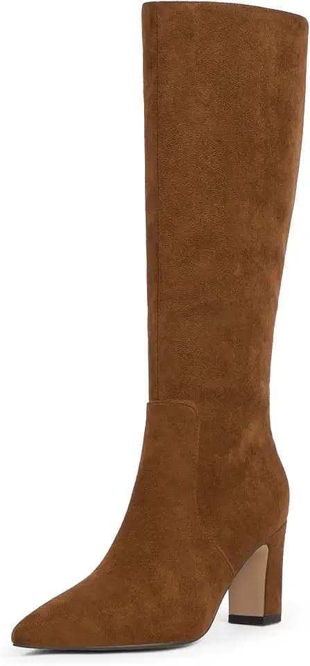 VIUGJNEX Knee High Boots Pointed Toe Chunky Heel Tall Boots for Women