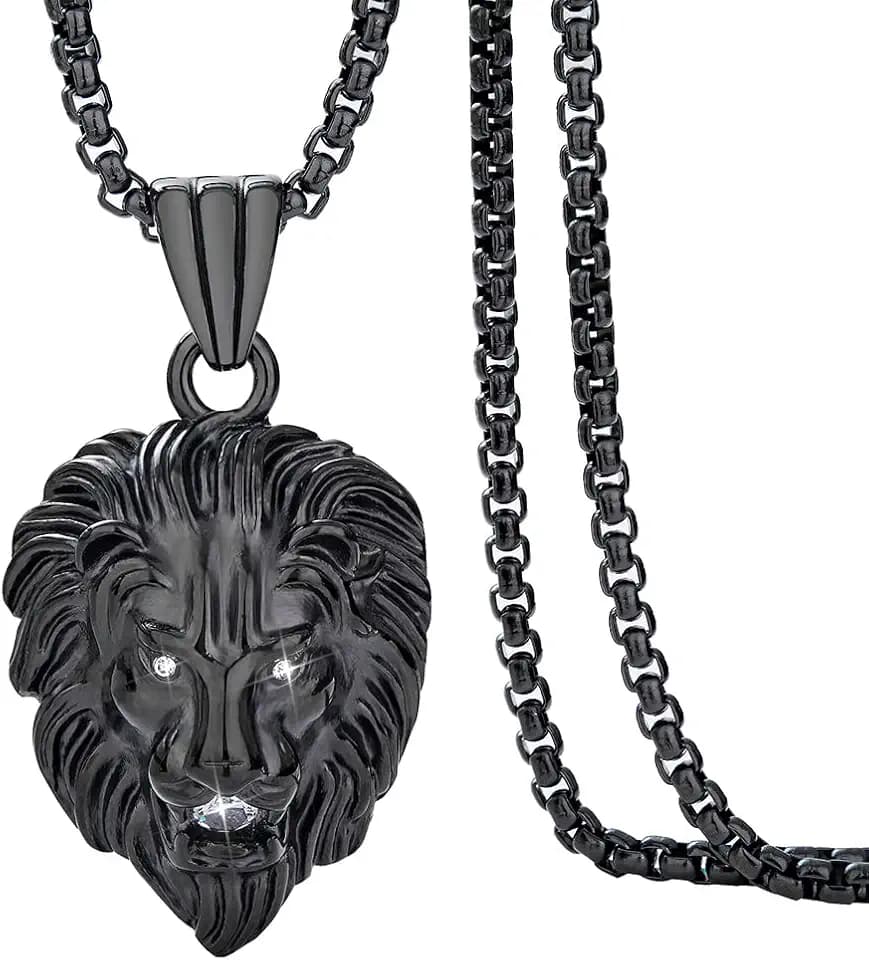Mens Necklace Lion Pendant Necklace, Bigger in Size, Silver Plated Stainless Steel, 3PCS Shiny CZ Diamonds, Comes with Rope Chain 24”and in a Gift Box