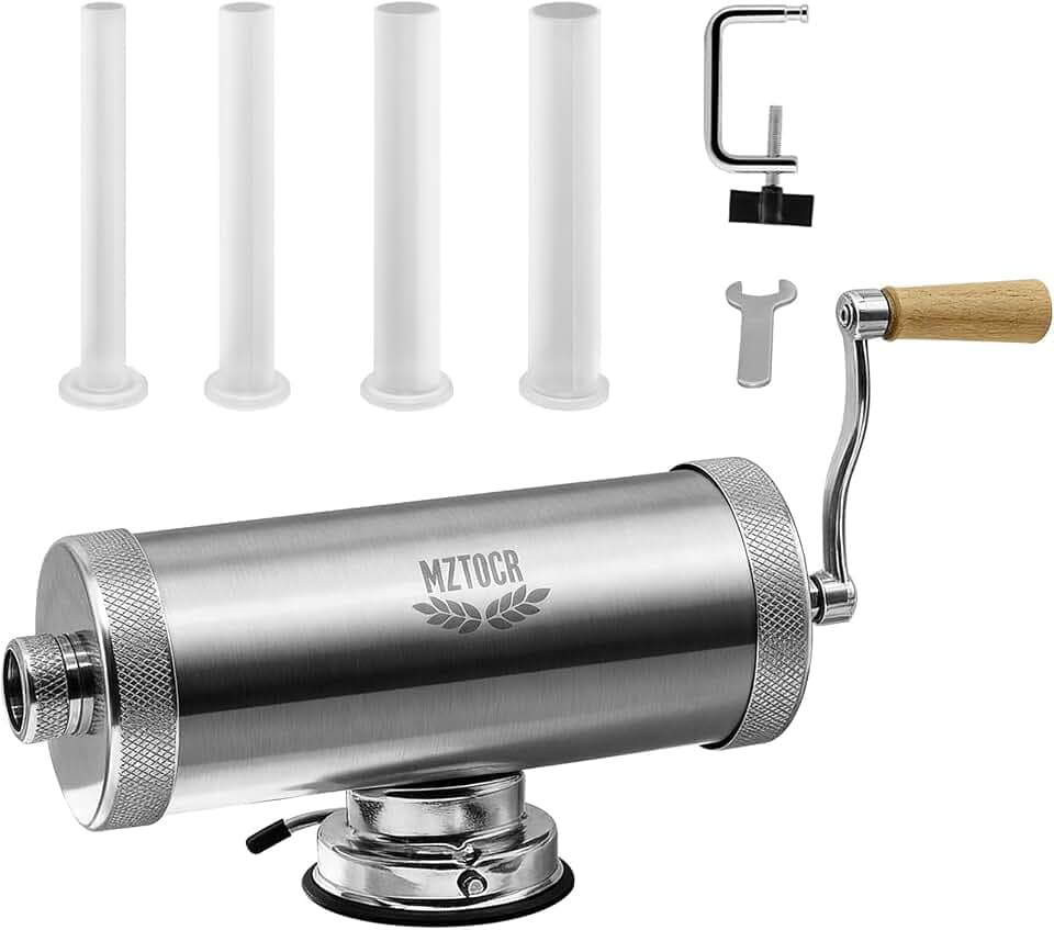 MZTOGR 5L Wurstfüller, Edelstahl Horizontale Wurstmaschine, Manuelle Wurstmaschine, Wurstpresse mit Tischklemme & 4 Füllrohre, Wurstfüllmaschine für Hausgemachte