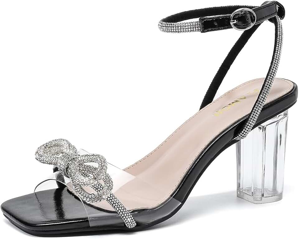 Amoji Women 3 Inch Clear Heels Rhinestone Bow Block Heeled Sandal 337