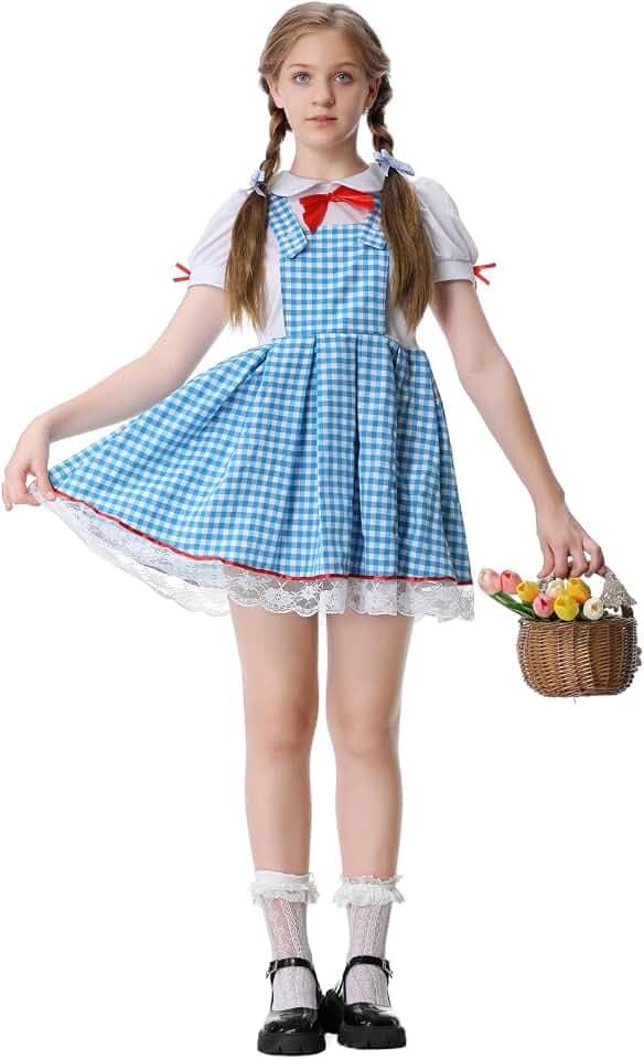 GRAJTCIN Kansas Farm Girl Costume Blue Gingham Dress Adventure Halloween