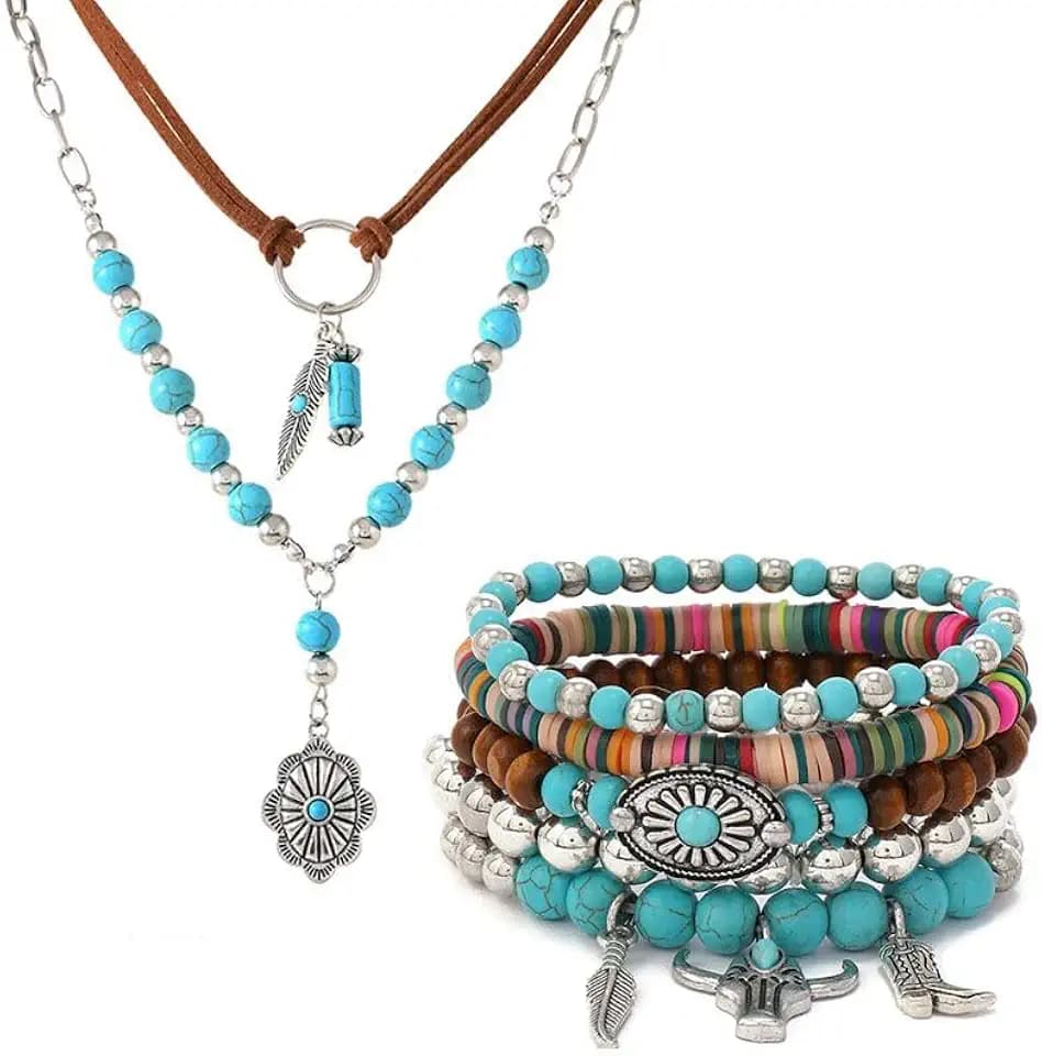 ONLYJUMP 2 Pcs Bohemian Western Turquoise Jewelry Set for Women Boho Turquoise Stone Necklace Bracelet Jewelry Set with Leather Cord Birthday Jewelry Gifts