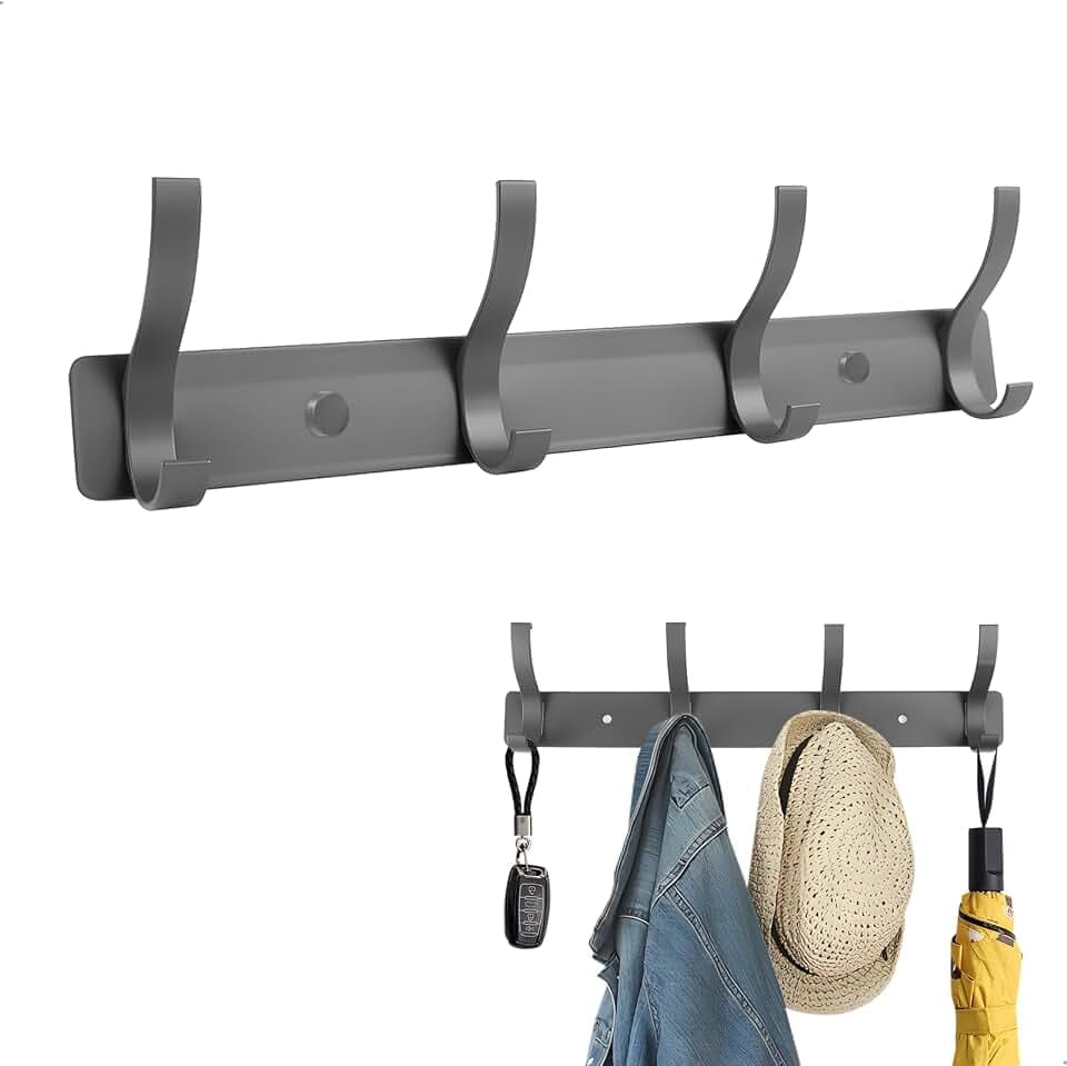 Hakenleiste Wandgarderobe mit 4 Haken, Garderobenleiste 25 cm Doppelschicht Space Aluminium,Garderobenhaken für Schlafzimmer,Badezimmer und Küche Sowie Wände an Verschiedenen