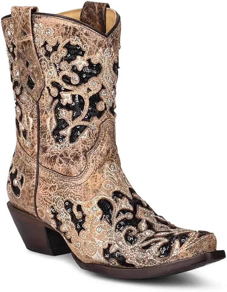 Corral Boots Women's Handcrafted Western Booties | Snip Toe Cowboy Ankle Boots with Black Glitter Inlay, Floral Overlay and Crystal Studs