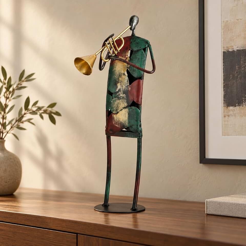Colorful Metal Musician Statue, Trumpet Player Figurine for Music Decor