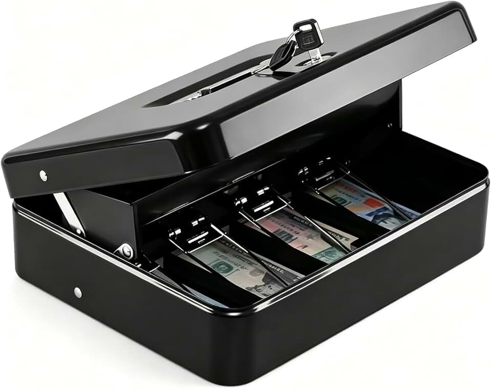 KYODOLED Cash Box with Top Key Lock–0.7mm Metal Money Box for Flea Market Vendors, Craft Fairs & Small Business, Portable Cash Drawer with Auto-Pop Coin Tray & Windproof Bill Clips (11.8", Black)