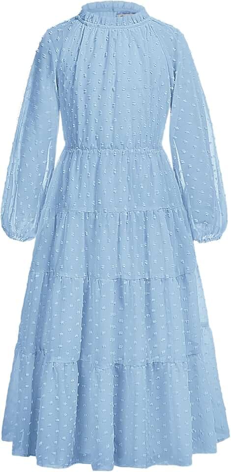 GRACE KARIN Mädchen Langarm Kleid mit Schweizer Punkt A-Linie Rüschen Rundhalsausschnitt Partykleid