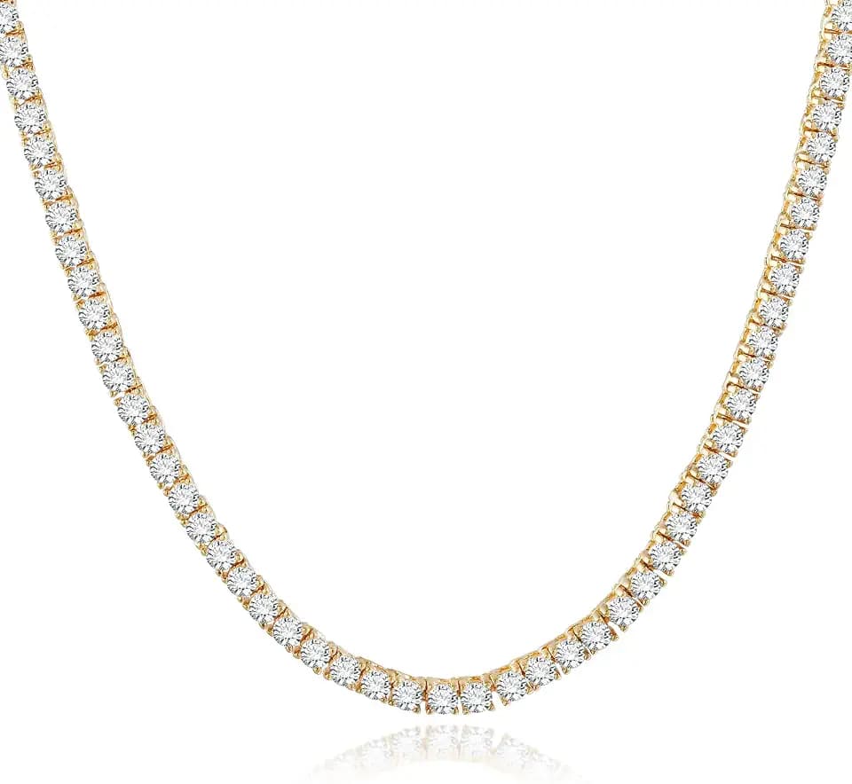 Kose 4 Prong Tennis Necklace for Women and Men- 18k white/yellow gold plated chains and 5A 3.0mm Round Cubic Zirconia Cut Faux Diamond Tennis Chain| Festival gifts |Size 16/18/20inch