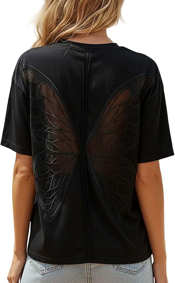 Women Butterfly Lace Short Sleeve Top Oversized Cut Out Crew Neck T Shirt