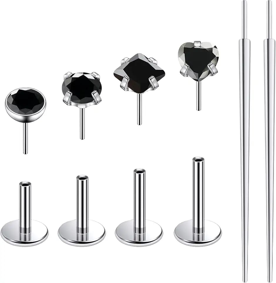 Ruifan Titanium Flat Back Lip Rings Threadless Push in Earrings Studs Nose Rings 20G 18G 16G Round Heart Square CZ Tragus Cartilage Lobe Rook Helix Conch Labret Medusa Piercing Jewelry for Women Men