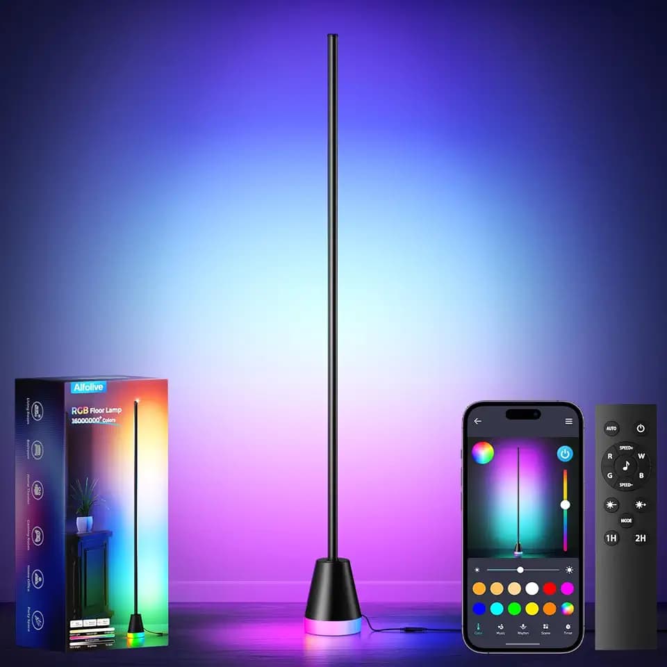 RGBICW Corner Floor Lamp, Modern LED Ambient Lighting, Jet Black