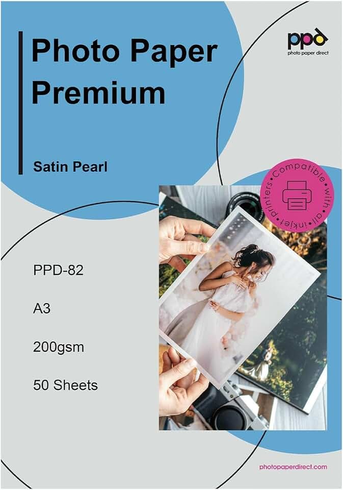 PPD 50 Blatt A3 200g Fotopapier Satin Inkjet | Professionelles Seidenmattes Fotopapier mit Edler Struktur. Spritzwassergeschützt und Sofort Trocken Nach dem Druck. PPD-82-5