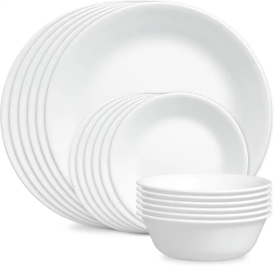 Corelle Vitrelle 18-Piece Service for 6 Dinnerware Set Triple Layer Glass and Chip Resistant, Lightweight Round Plates and Bowls Set, Winter Frost White