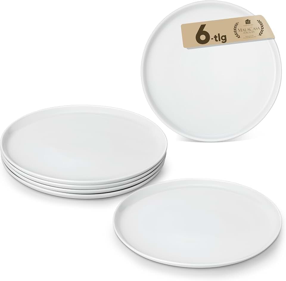 MALACASA Speiseteller 26 cm, 6er Set Porzellan Essteller, Weiße Runde Dinner Teller, Große Teller, Spülmaschinen- & Mikrowellengeeignet, Serie LEXI