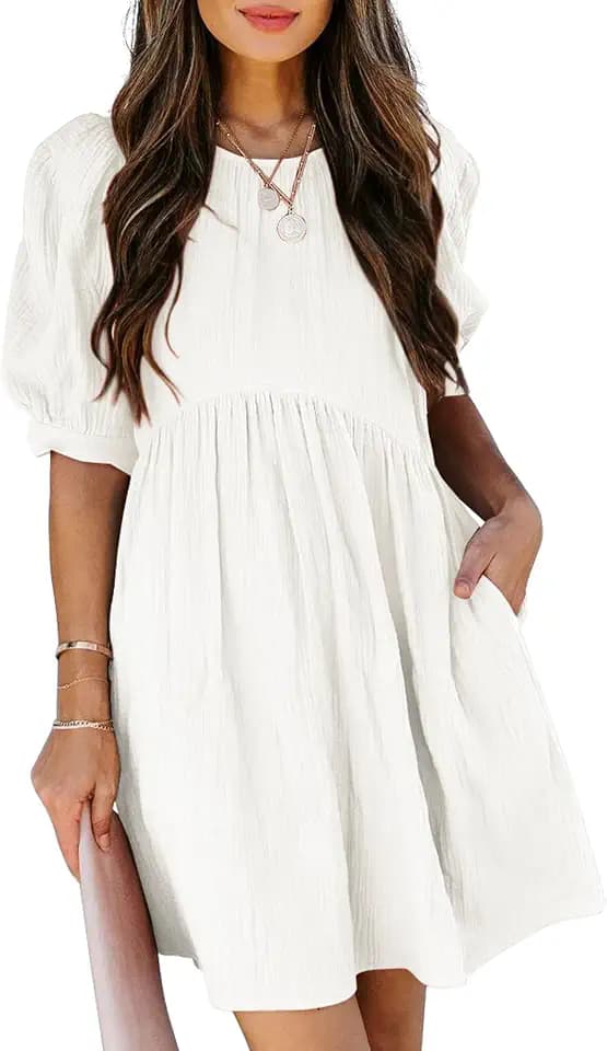 Dokotoo Womens Summer Crewneck Puff Sleeve Babydoll Mini Dress