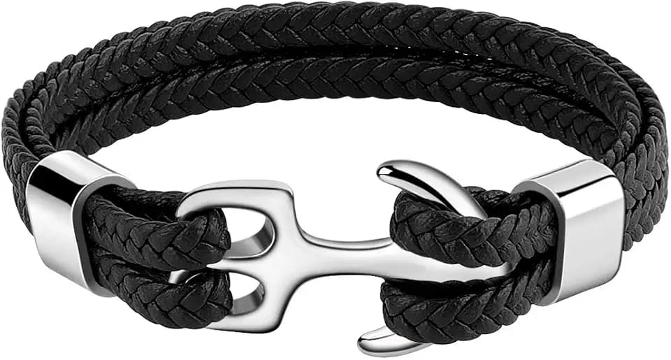 Emibele Bracelet for Men & Women, Handmade Cowhide Leather Wrap Bracelet, Multilayer Vintage Anchor Cuff Bracelet, 3 Sizes for Men/Women/Couples/Lovers/Partners