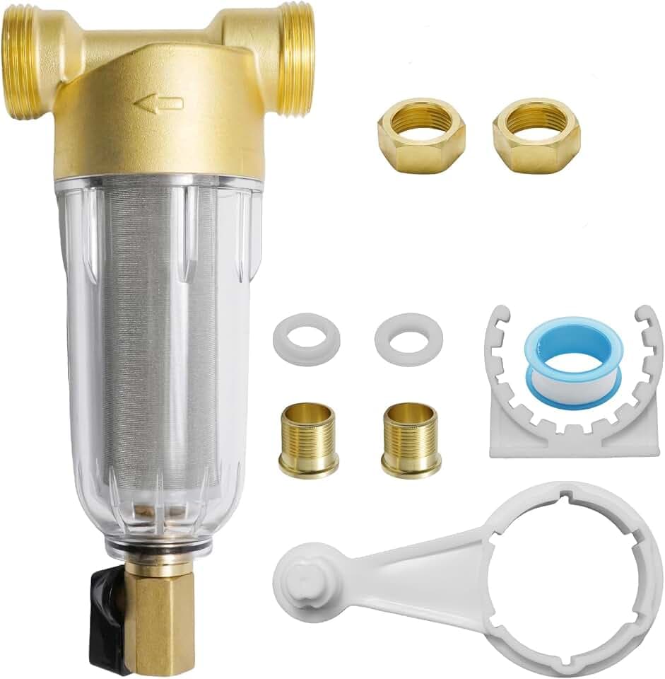 Wiederverwendbar Wasserfilter Vorfilter, 1 Zoll mit 3/4" Adapter, 40 Mikron Edelstahl Filternetz, Transparentes Gehäuse für Waschmaschine Hauswasser