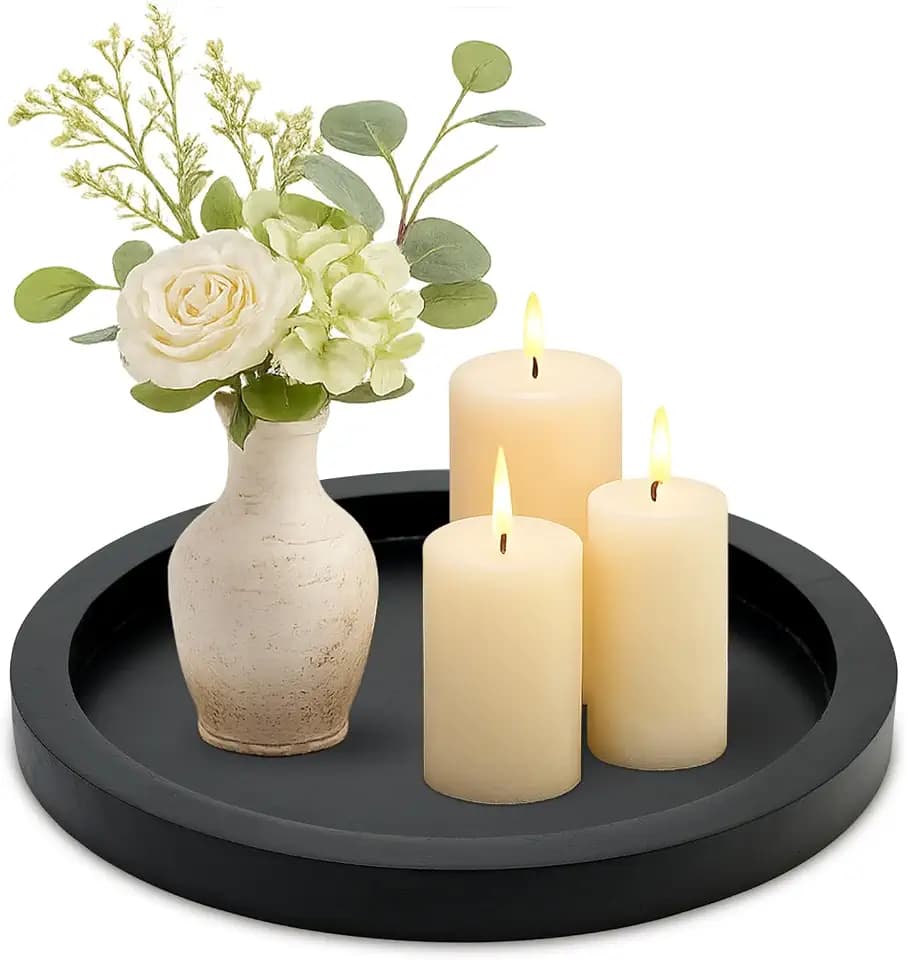 Black Round Wood Decorative Tray for Coffee Dining Table Centerpiece Decor