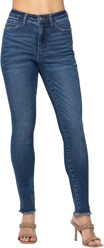 Judy Blue Womens Jeans - High Waisted Tummy Control Side Slit & Fray Hem Skinny