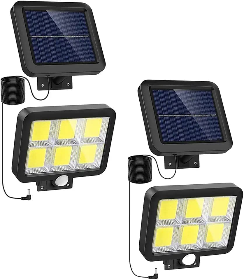 2X Solarlampe für den Außenbereich 120LED 260LM + Solarpanel. Separates Design mit 4m Kabel. Outdoor-Solarleuchte mit Bewegungssensor für die Außenbeleuchtung: Garage, Terrasse, Pool.